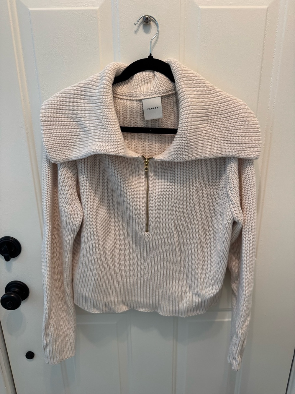 Varley Cream Ribbed Half-Zip Cowl Sweater